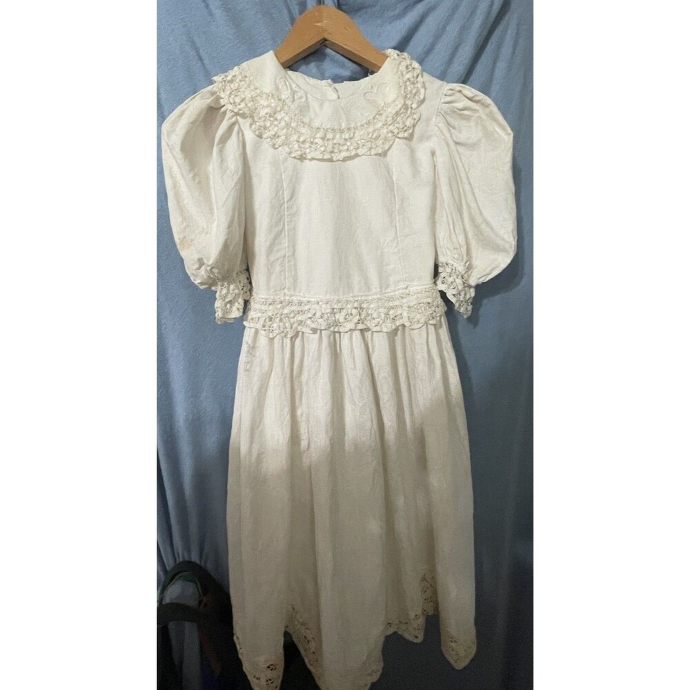 Handmade Summer Prairie Dress Ivory/Off White Girls No Size Tag; ISSUES: LOW $